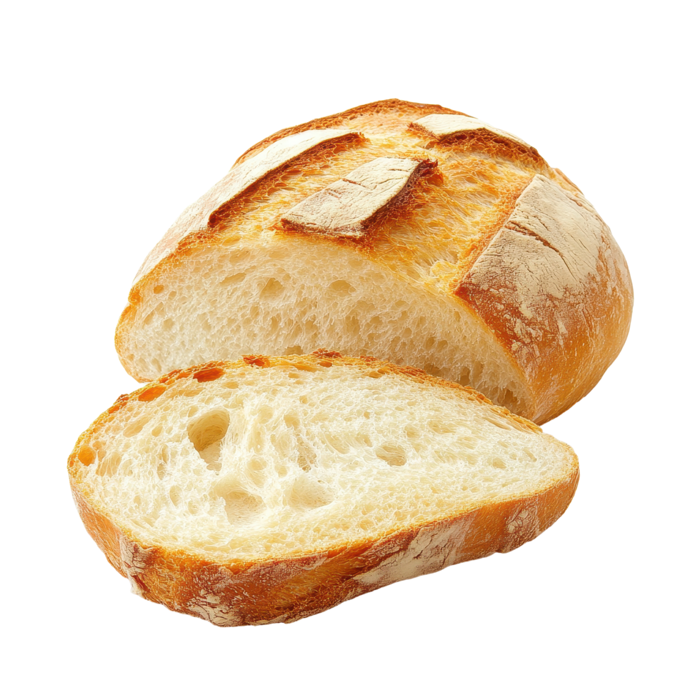 Freshly sliced bread on a white background showcasing its soft interior and crusty exterior, Bread with slice isolated onisolated on white background png