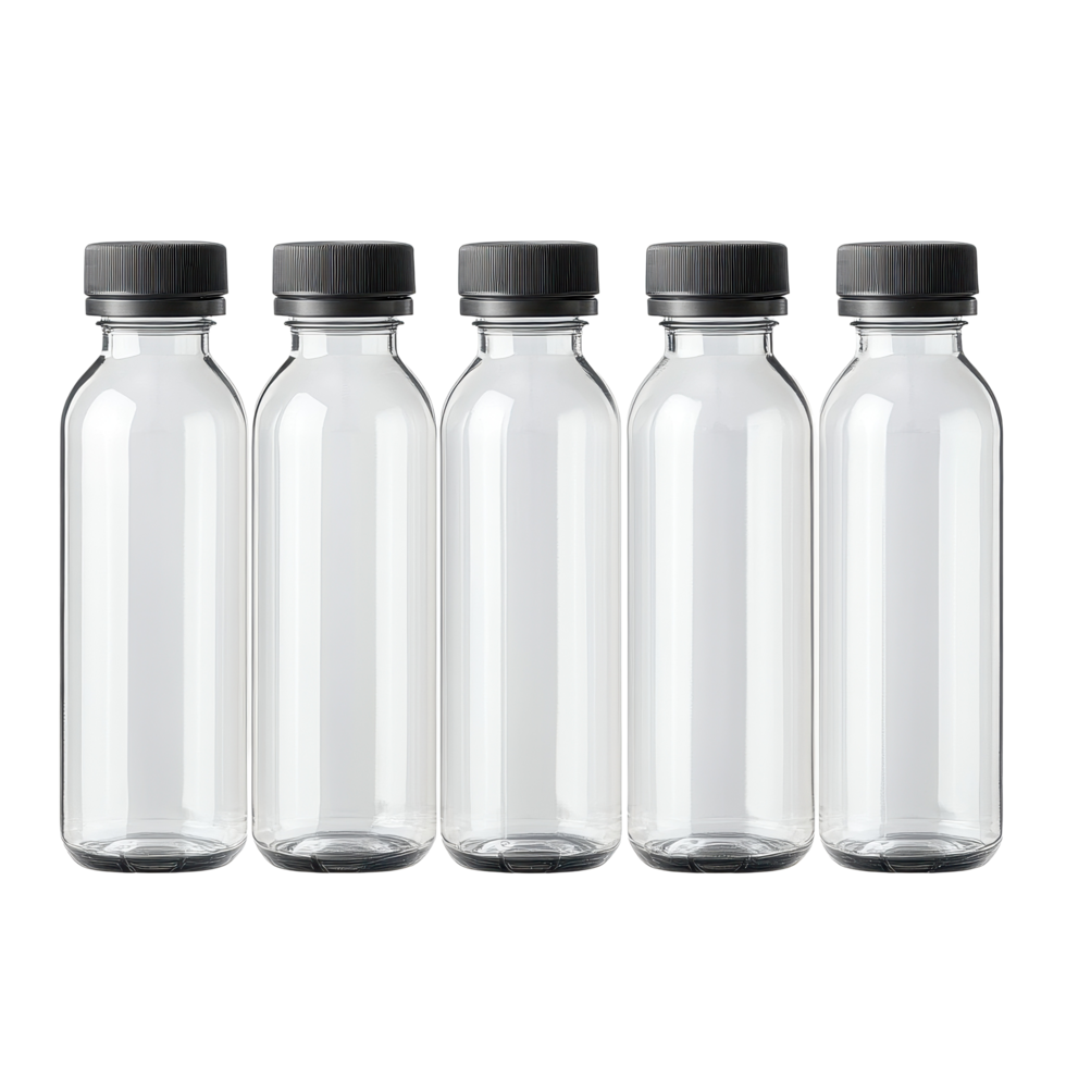 Six clear water bottles arranged on a Transparent background for product display, Six Water Bottles isolated on background png