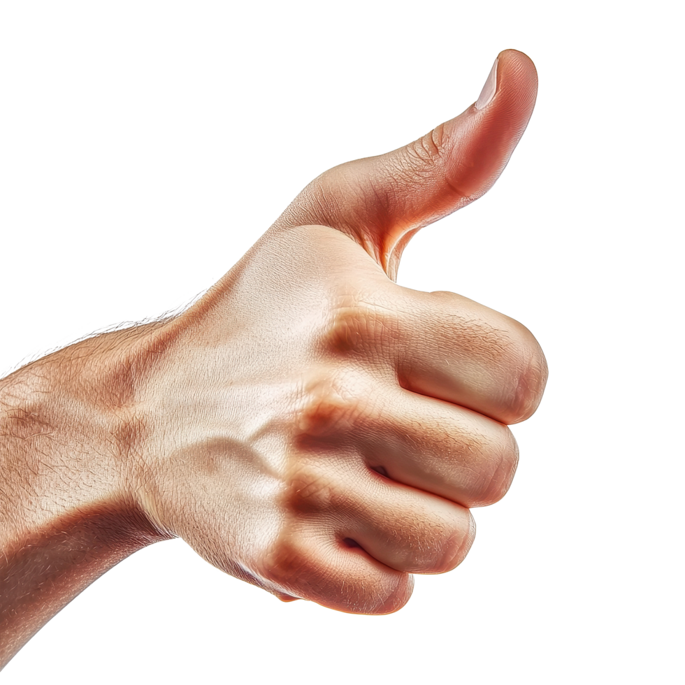 Positive thumbs up hand sign with a clear Transparent background expressing approval and encouragement, Positive Thumbs Up Hand Sign on background png