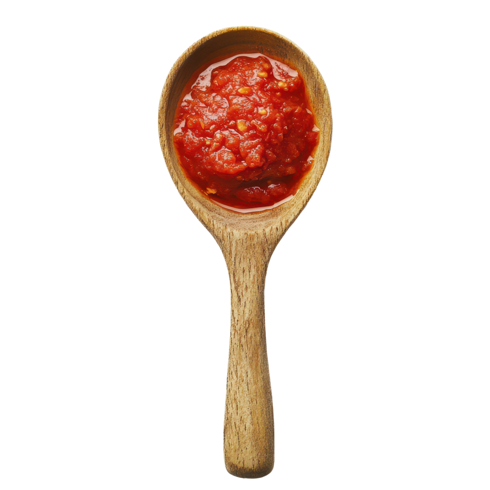 Wooden spoon filled with rich tomato sauce isolated on Transparent background, Wooden Spoon with Tomato Sauce on background png