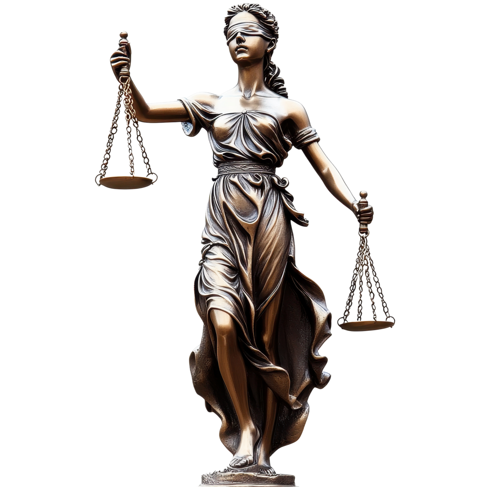 Lady Justice standing tall with scales in hand against a Transparent background, Lady Justice Emblematic Legal Figure on a background png