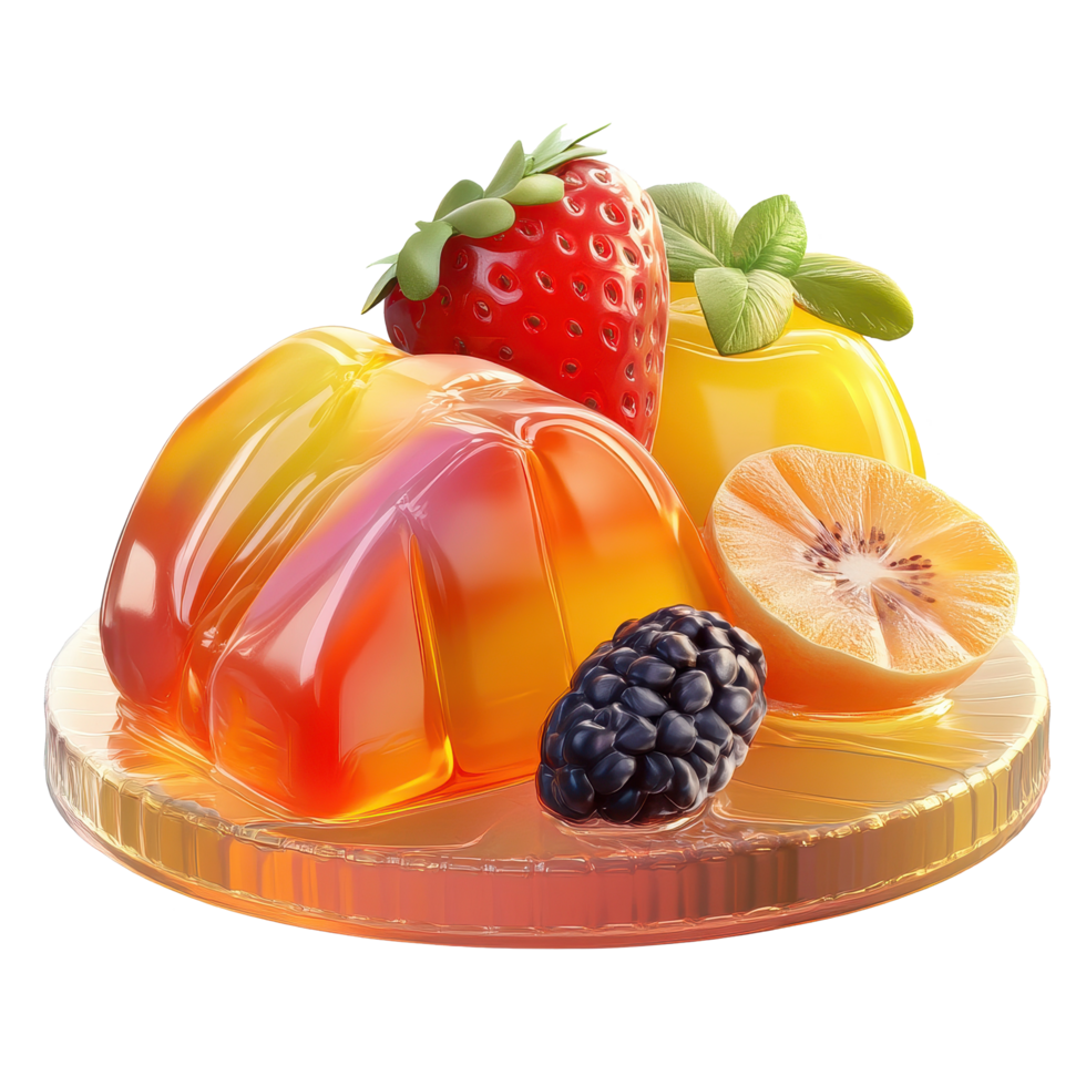 Colorful jelly fruit dessert featuring strawberries, blackberries, and tropical flavors on a wooden platter, Jelly sweet, flavor fruit, candy dessert colorful transparent png