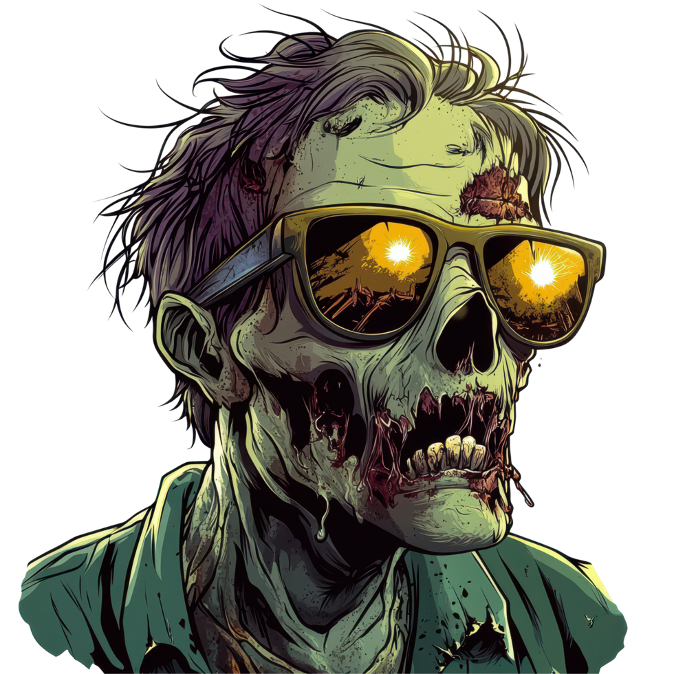 Zombie wearing sunglasses against a Transparent background with a striking, bold appearance and unique character features, Zombie with Sunglasses background png