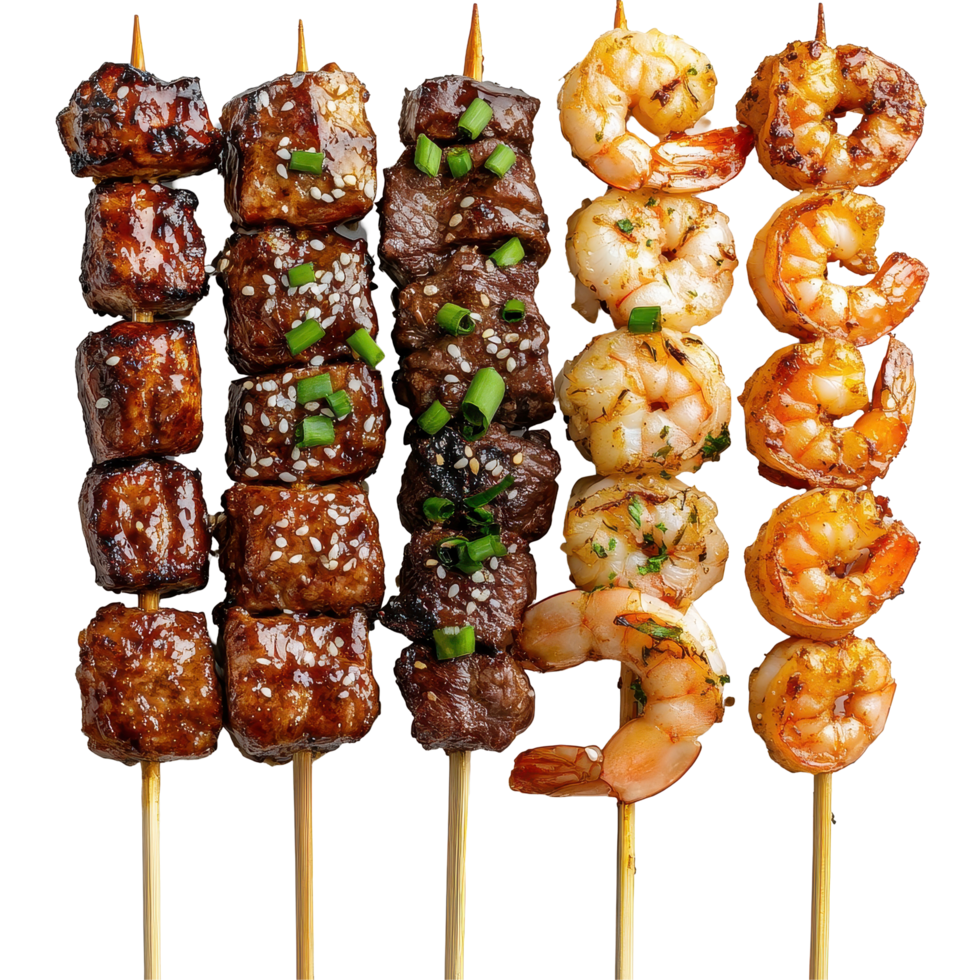 Savory skewers of teriyaki chicken, beef satay, and garlic shrimp on a white plate, Skewers with Teriyaki Chicken, Beef Satay, and Garlic Lemon Shrimp on Transparent background png