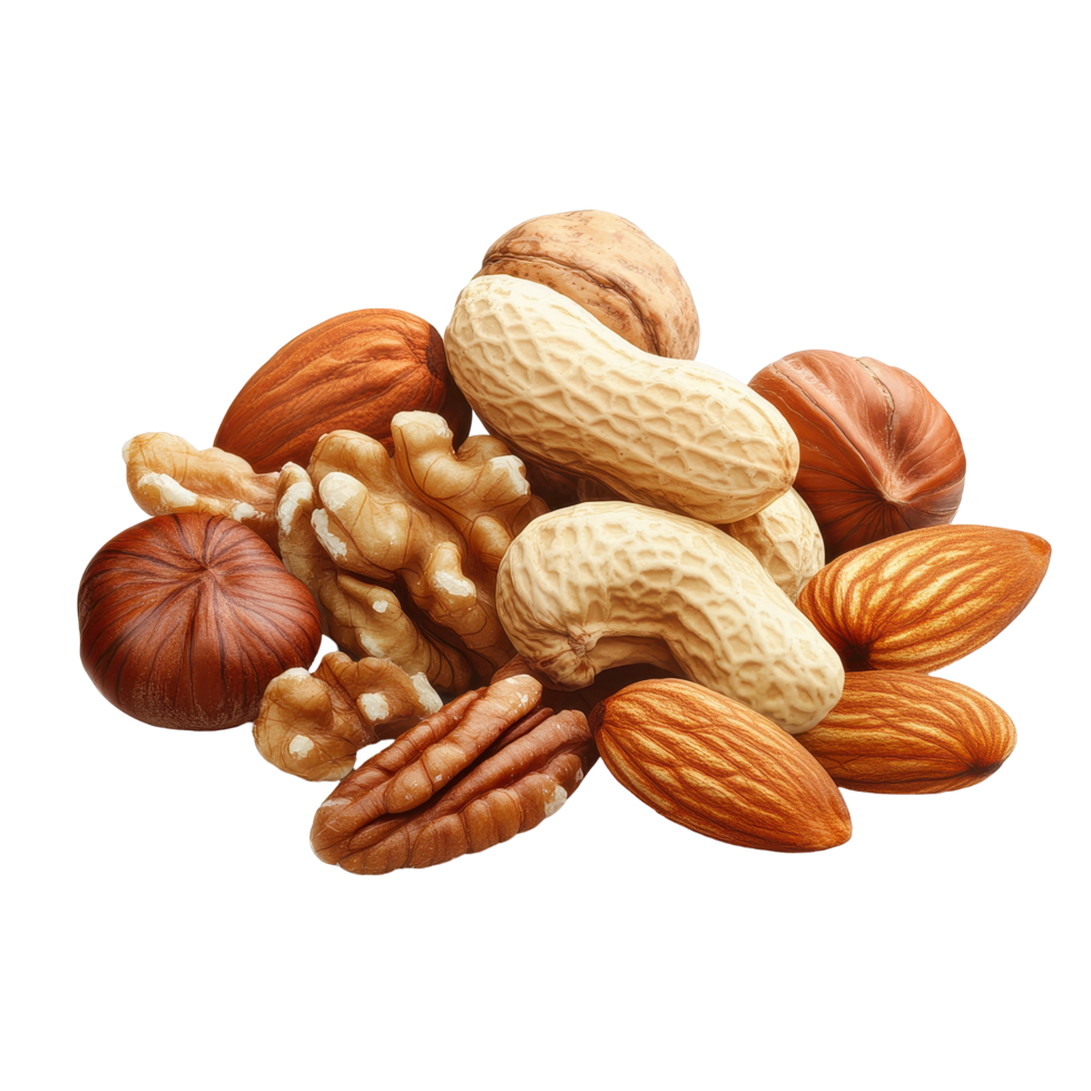 Diverse assortment of nuts displayed on a bright Transparent background for culinary inspiration, Nuts on a background png