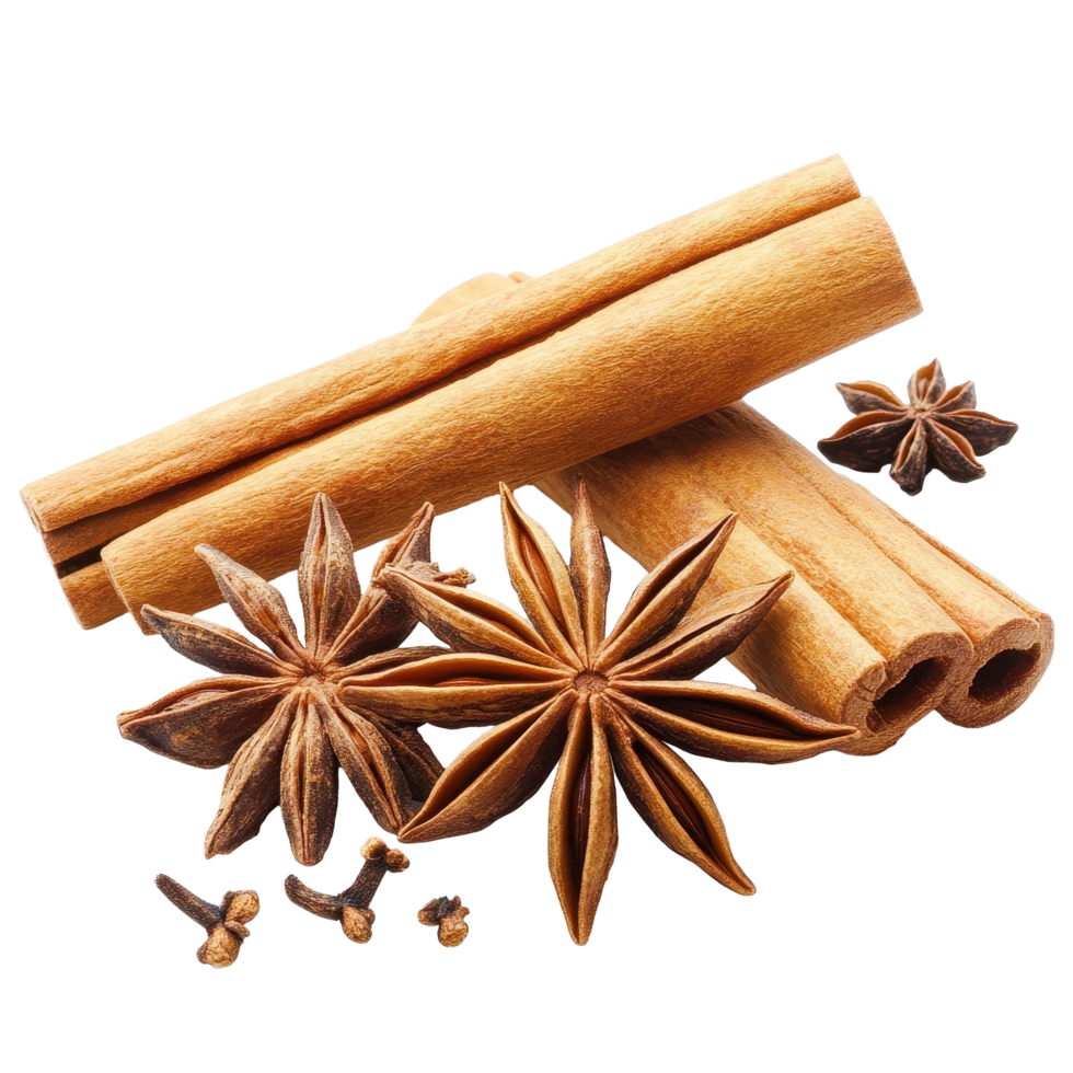 Explore the aromatic spices of cinnamon and anise star on a bright white background, Star Anise And Cinnamon Sticks isolated on white background png