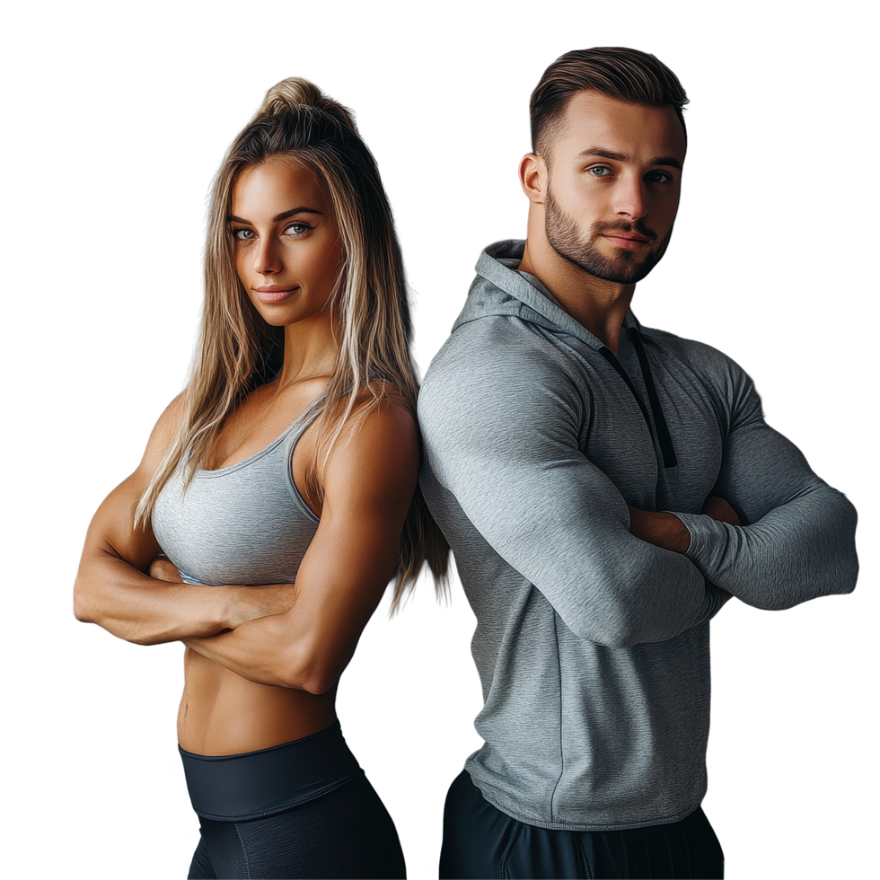 Fit sporty couple posing confidently in urban setting for motivational lifestyle shoot, Portrait couple young fit sporty people png