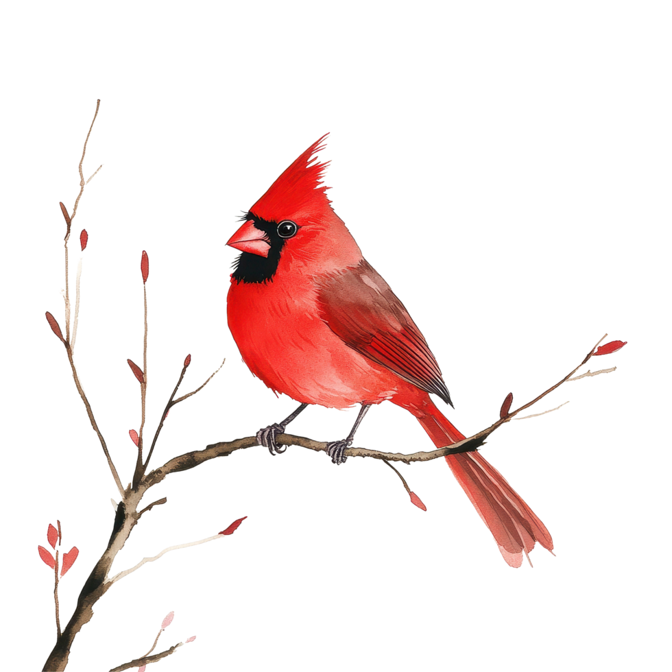 Red winter cardinal bird perched on a branch against a Transparent background in a serene natural setting, Red winter cardinal bird perched on a branch, background png