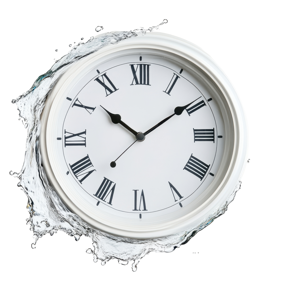 Time slips away with a sinking clock concept featuring water splash around the face, close to twelve time limit concept sinking clock isolated on White background png