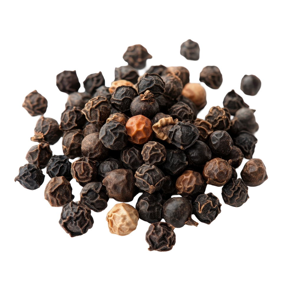 Collection of various peppercorns with distinct colors on a white surface showcasing their unique textures, of pepper full depth of field on Transparent background png