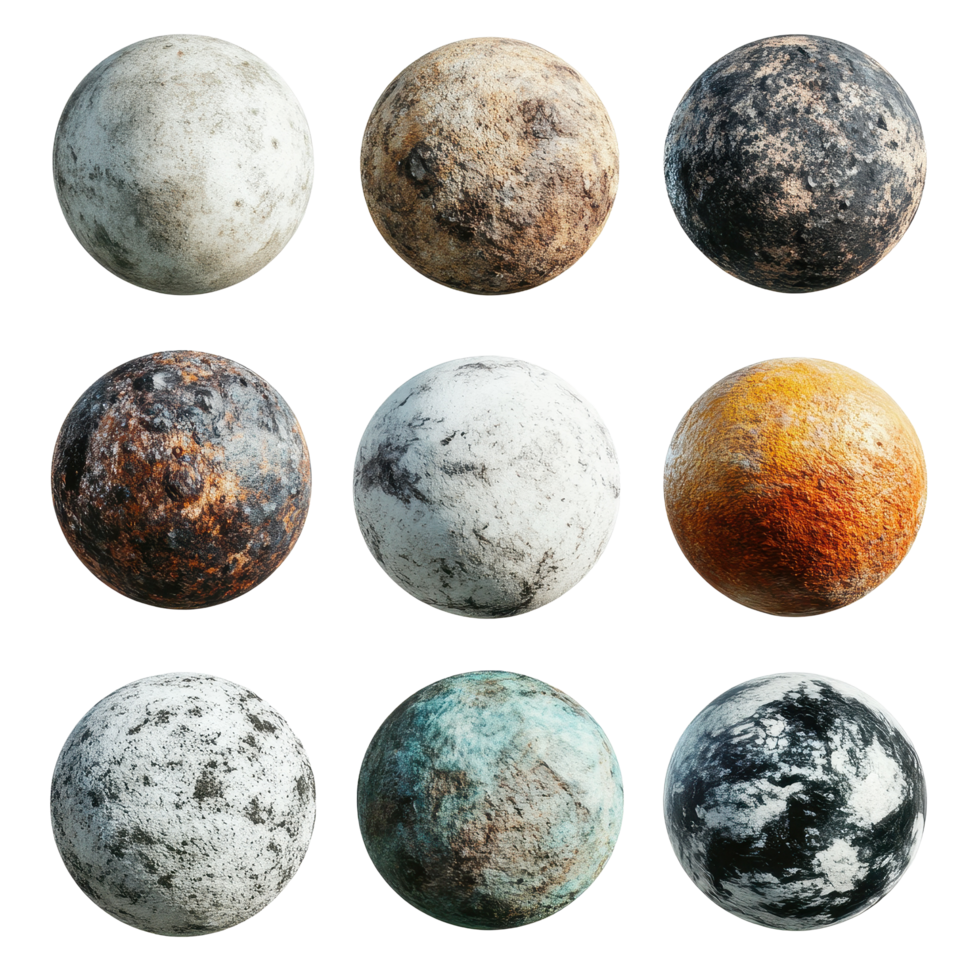 Textured rocky planets showcasing diverse celestial bodies in various states and surfaces, Rocky Planets, Textured Celestial Bodies, Space Objects, isolated on Transparent background png