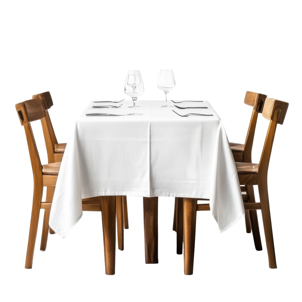 Elegant dining setup with white tablecloth and wooden chairs in a cozy restaurant setting, table with a white tablecloth and chairs in a restaurant, Transparent background png