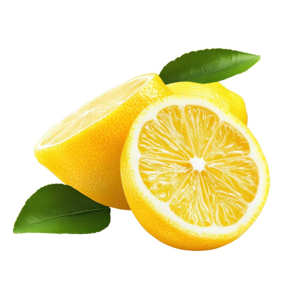 Fresh lemon fruit halves and slices displayed on a clean Transparent background with green leaves, Lemon fruit, half and slice lemon isolated on background png
