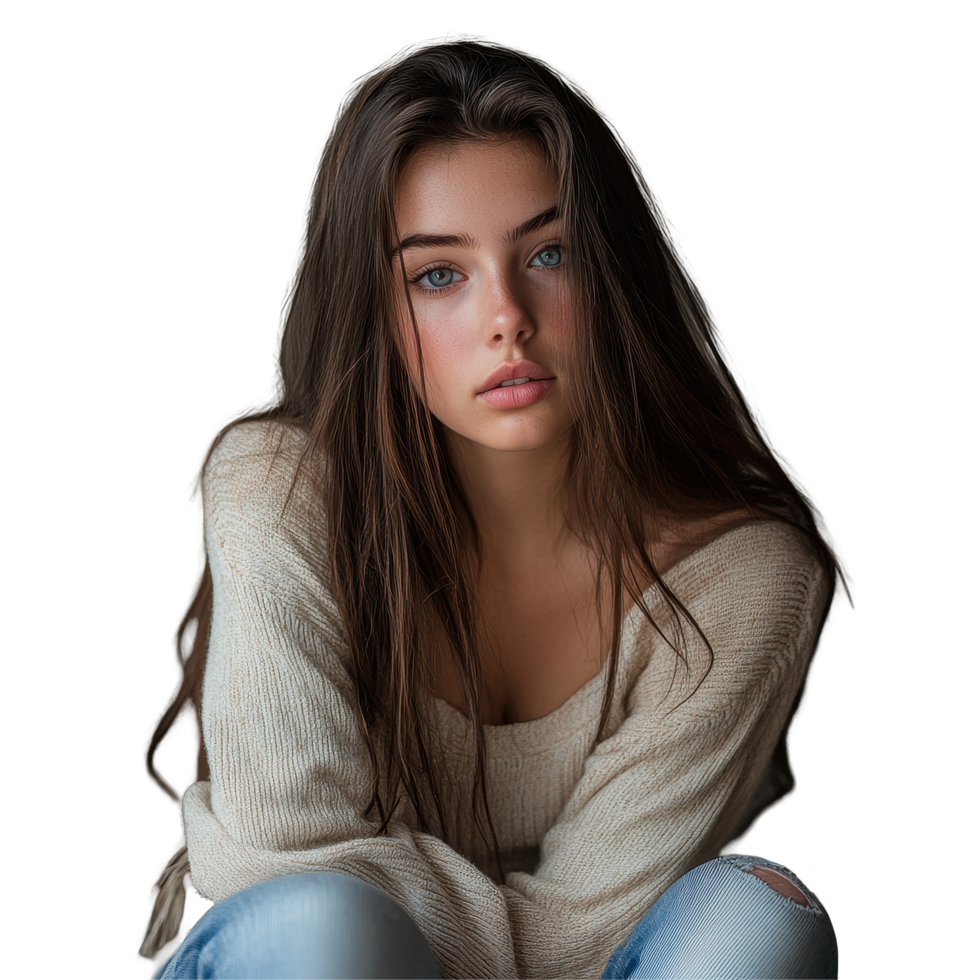 Portrait of a young woman sitting alone with natural light on her expressive features and relaxed pose, Portrait a young pretty woman sitting isolated on background png