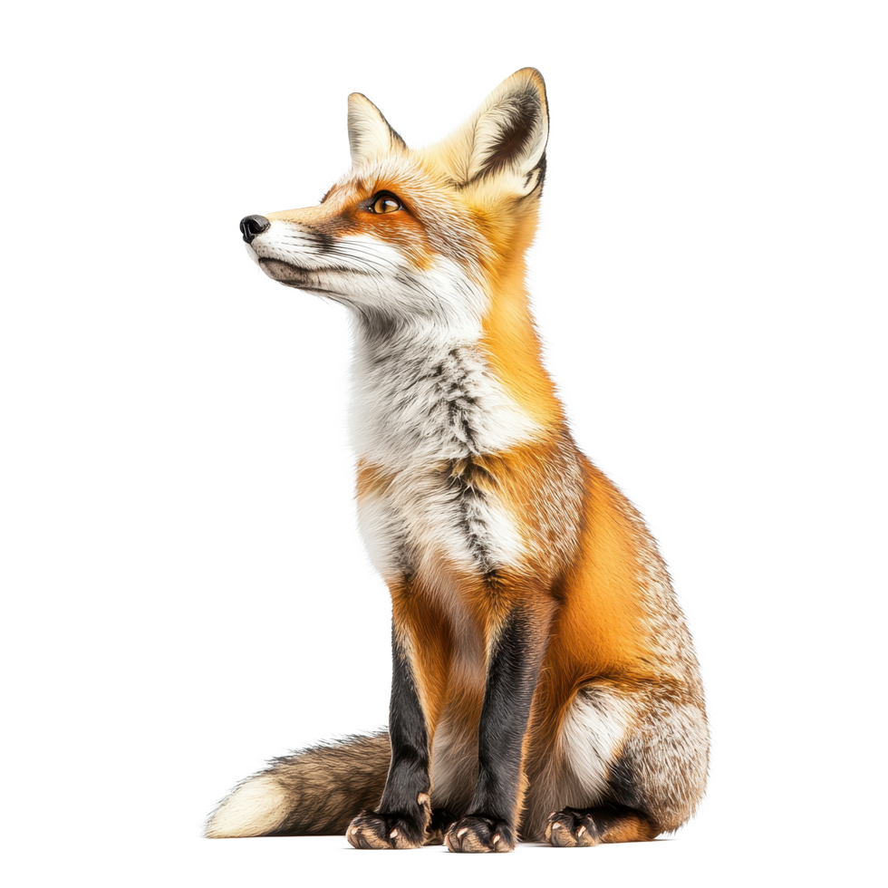 Fox sitting gracefully against a white background showcasing its vibrant fur and curious expression, Fox isolated white background png