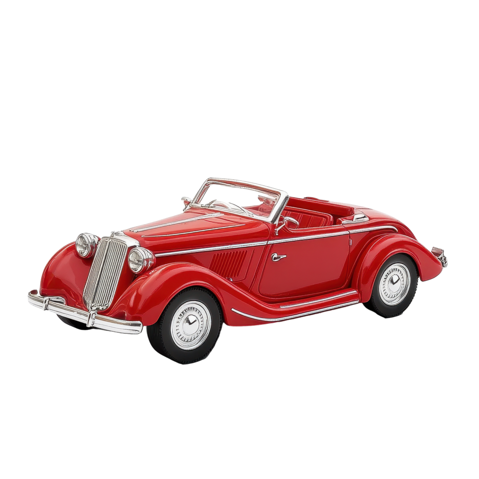 Retro red convertible car model displayed on a clean Transparent background highlighting its design and craftsmanship, Red retro car model isolated on background png