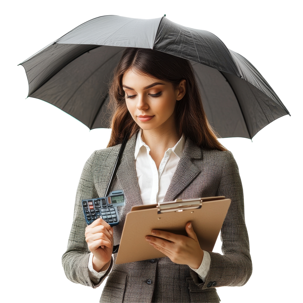 Businesswoman holds clipboard and calculator under an umbrella in a professional setting during a rainy day, Businesswoman Using Umbrella and Holding Clipboard and Calculator isolated png