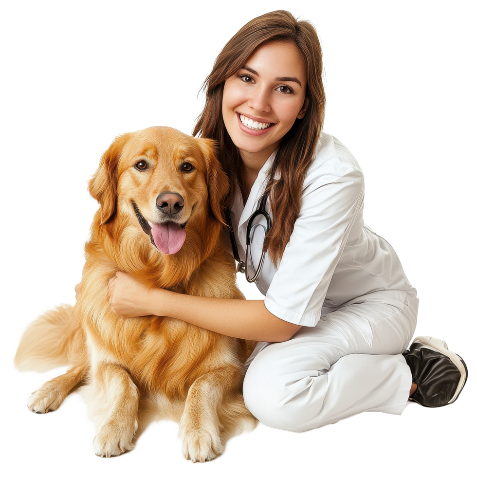 Veterinarian smiling with a golden retriever on a Transparent background in a caring moment, Veterinarian with Dog on background png