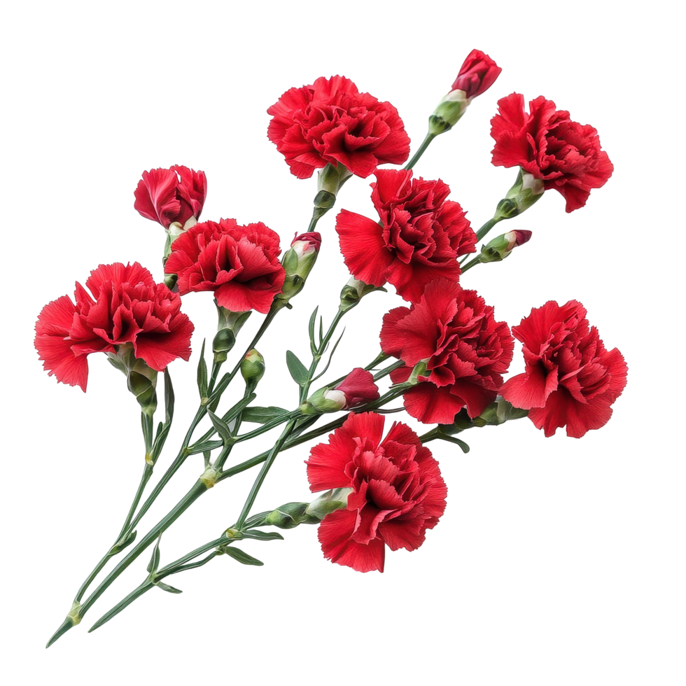 Vibrant red carnation flowers isolated on a bright Transparent background showcasing natural beauty, of Carnation flowers isolated on background png