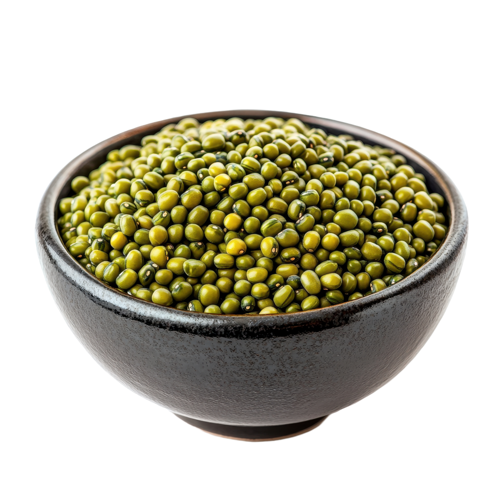 Mung beans in a black bowl against a Transparent background for healthy cooking and nutrition ideas, mung beans in a bowl isolated on background png