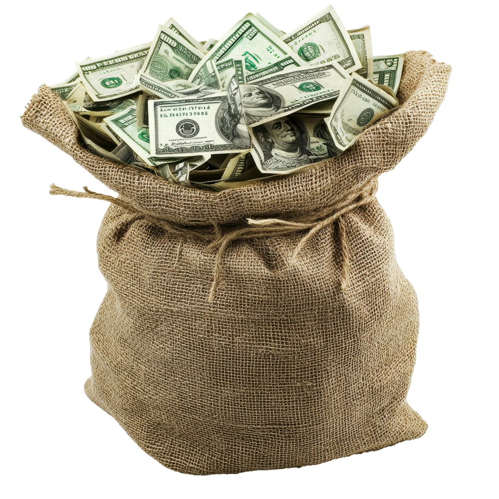 Full burlap bag overflowing with dollar bills on a clean Transparent background, Dollar Bills in a full bag on white backroung png