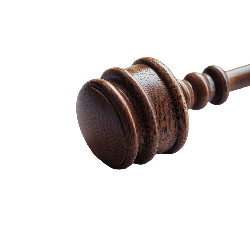 Wooden gavel resting on a newspaper emphasizing legal themes and justice, wooden gavel sitting on top a newspaper Transparent background png