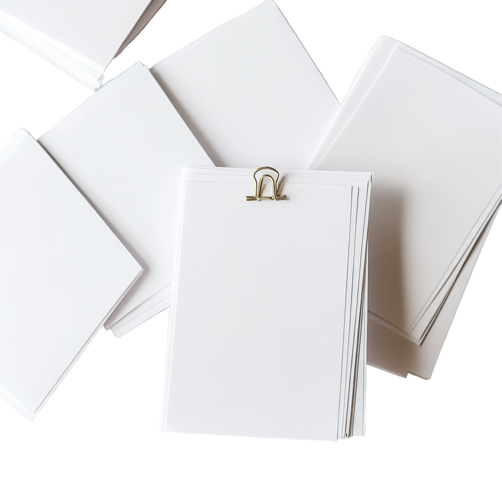 White paper cards neatly arranged with a paperclip on a marble background in a creative workspace, White Paper Cards with Paper Clip png