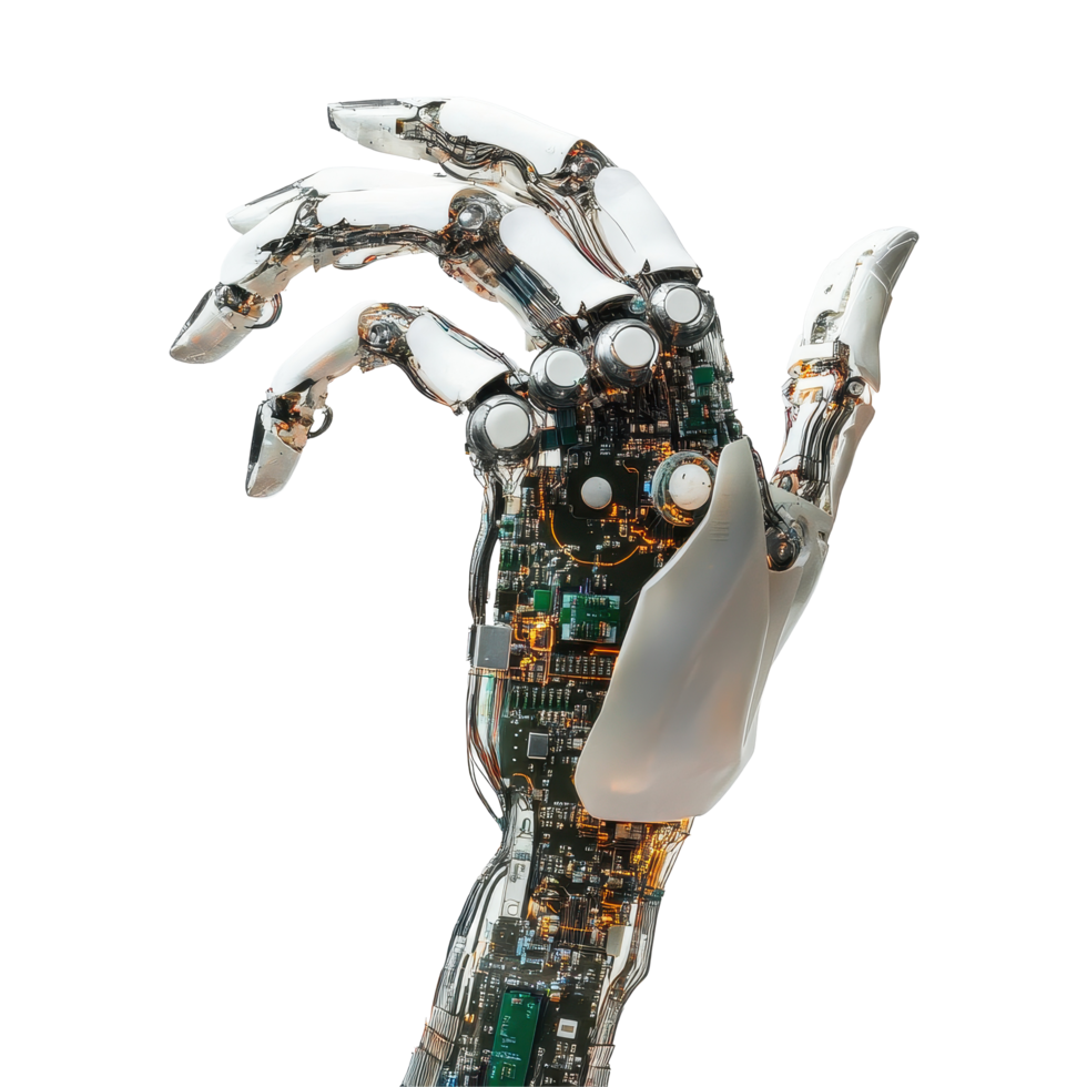 Innovative mechanical arm showcasing intricate circuit core design against a clean Transparent background, Mechanical arm and circuit core background png