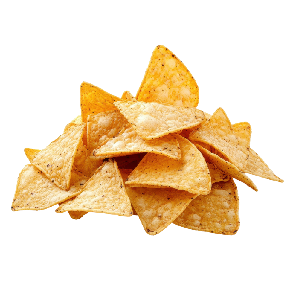 Crispy tortilla chips piled on a clean Transparent background for a tasty snack experience, Potato chips isolated on background png