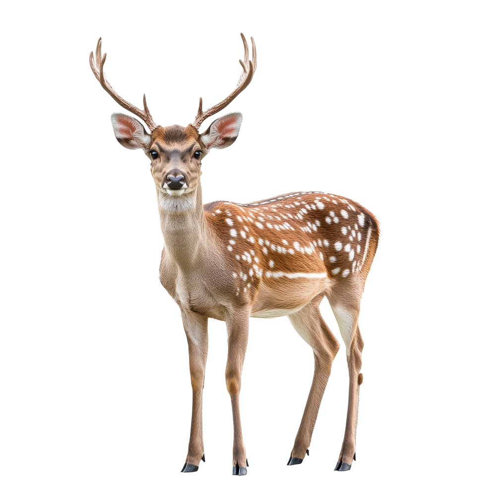 Deer standing gracefully with antlers and spots on a plain Transparent background, roe deer isolated on background png