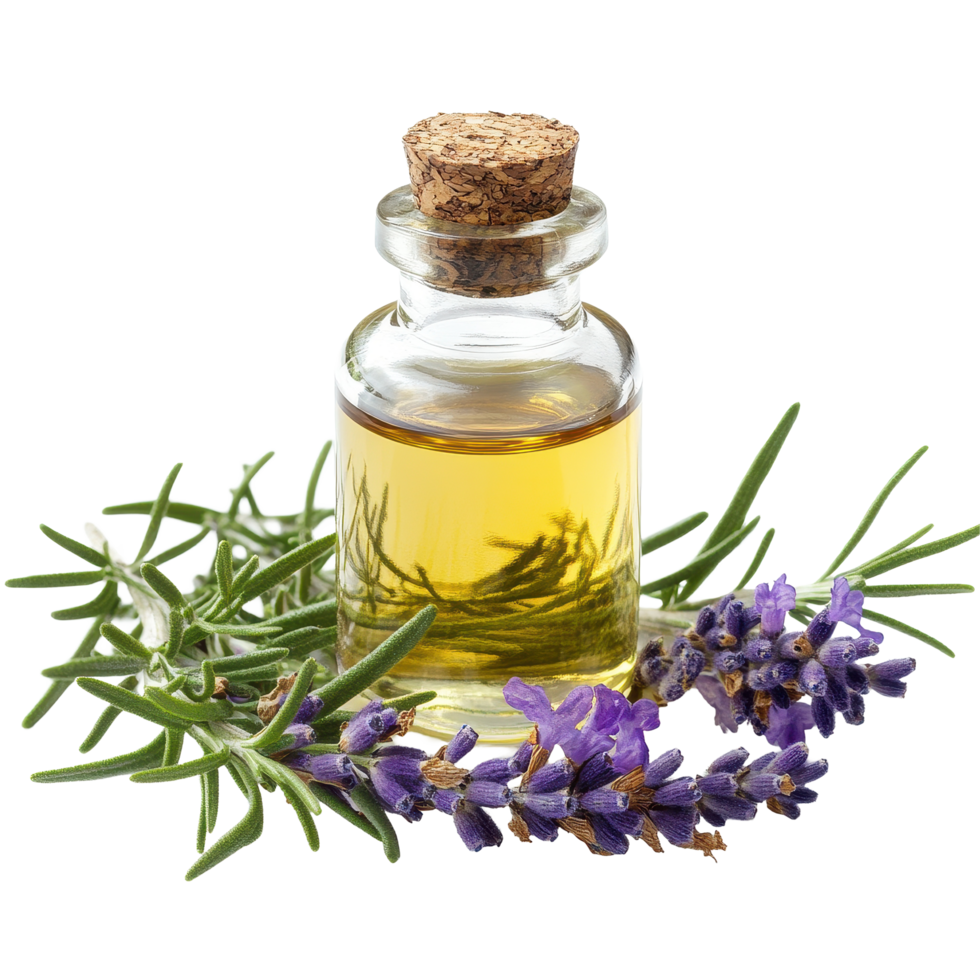 Rosemary and lavender essential oil in a glass bottle with fresh herbs on a Transparent background, Rosemary and lavender essential oil isolated on white png