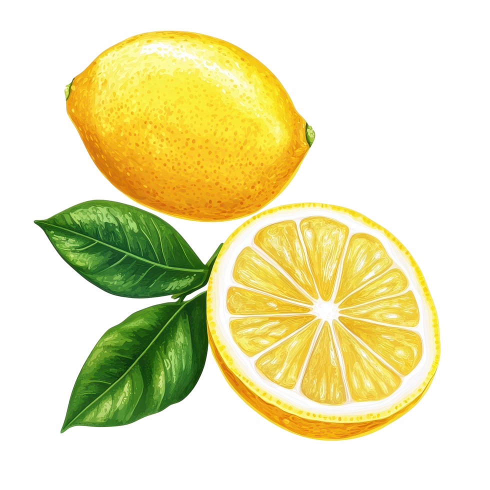 Fresh lemon fruit half with leaves and a slice displayed against a neutral background, ripe lemon fruit half and slices isolated, Fresh and Juicy Lemon White background png