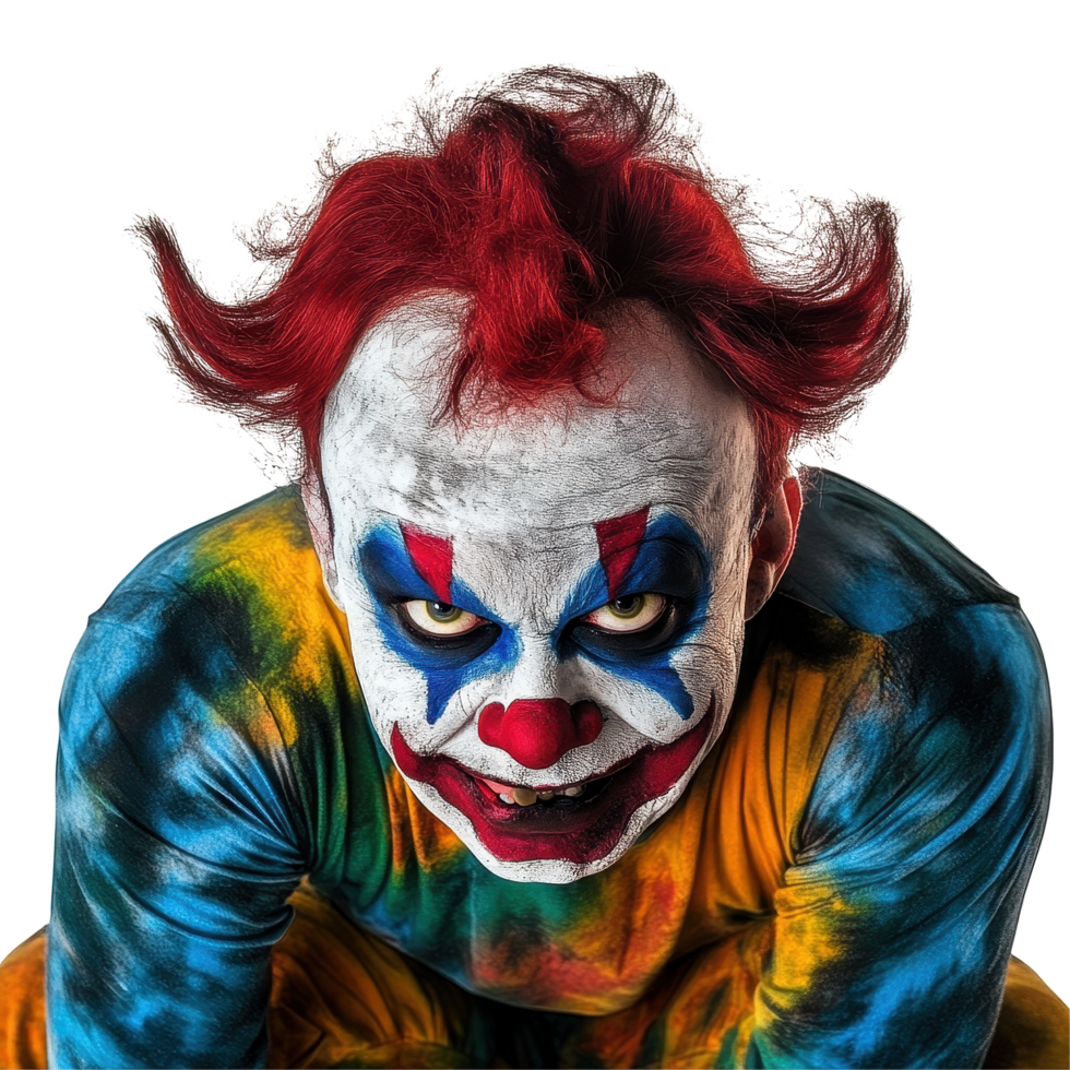 Villain clown with striking makeup and colorful costume posing on a Transparent background, villain clown isolated on background png