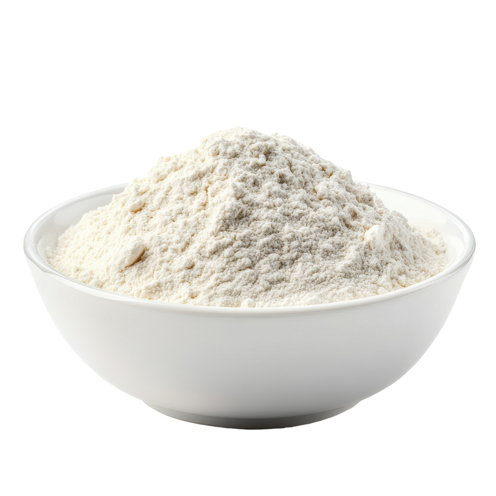 Flour heap in a white bowl isolated on alpha layer for culinary and baking purposes, Pile of flour in white bowl isolated on alpha layer png
