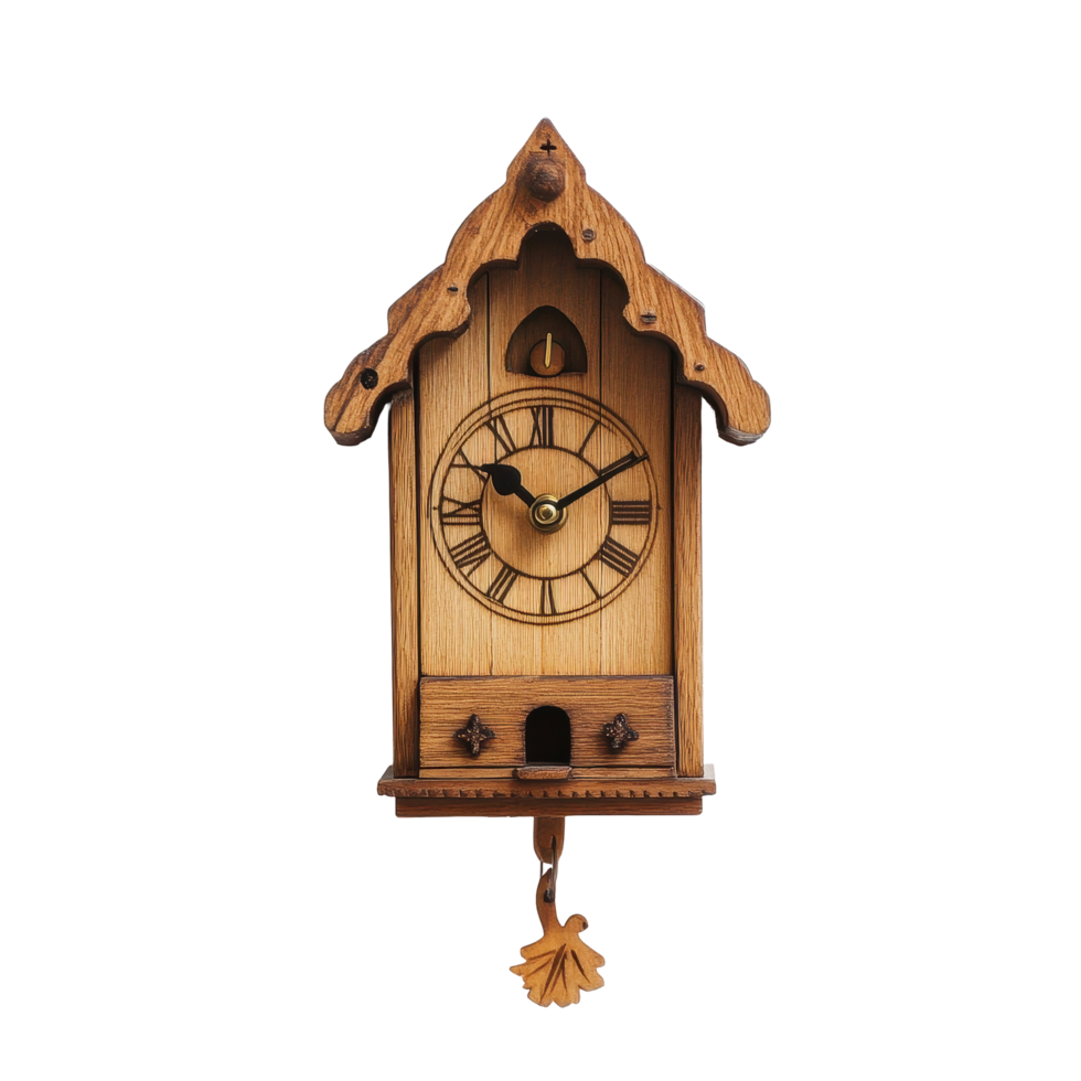 Traditional wooden cuckoo clock displayed on a minimalist white wall in a cozy interior setting, traditional wooden cuckoo clock on a minimalist Transparent background png
