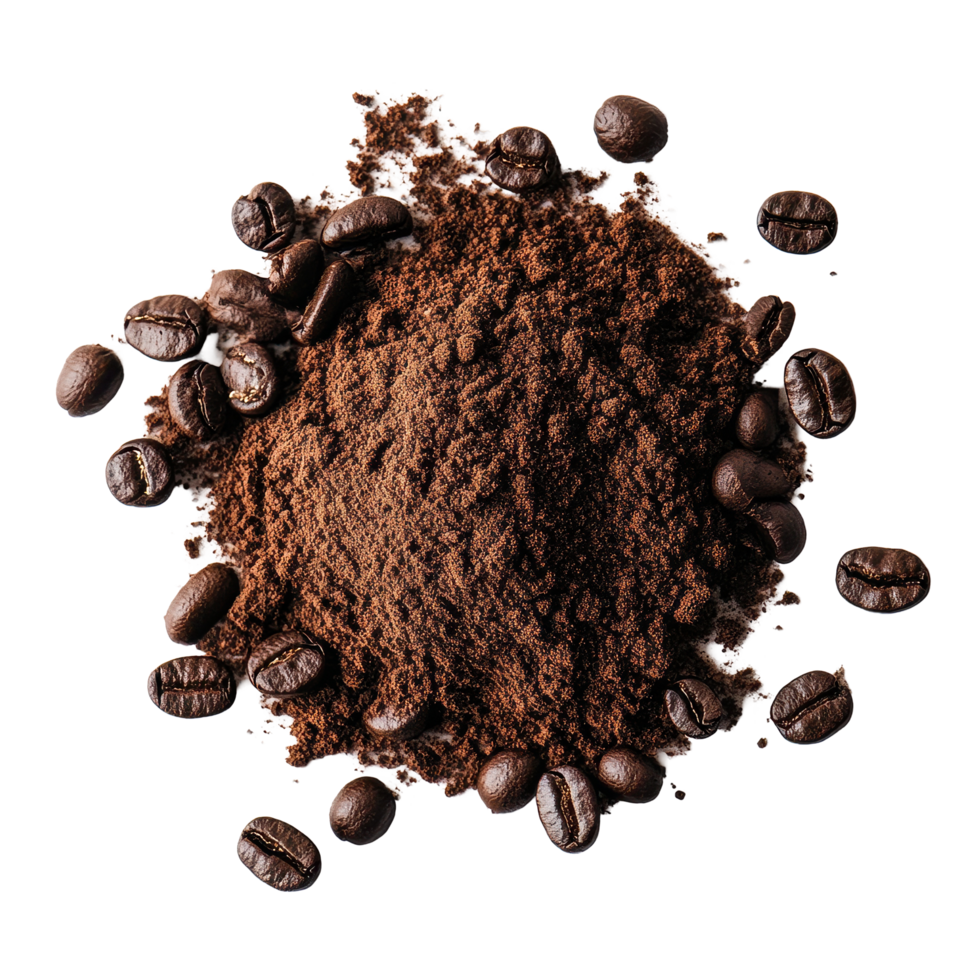 Coffee powder and roasted beans on a Transparent background showcasing the rich aroma and texture of ground coffee, coffee powder on background png
