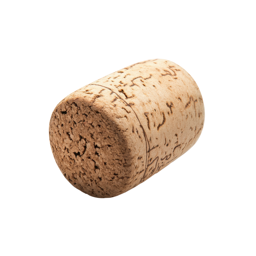 Wine cork on a clean Transparent background showcasing natural texture and details from winemaking process, Wine cork isolated on background png