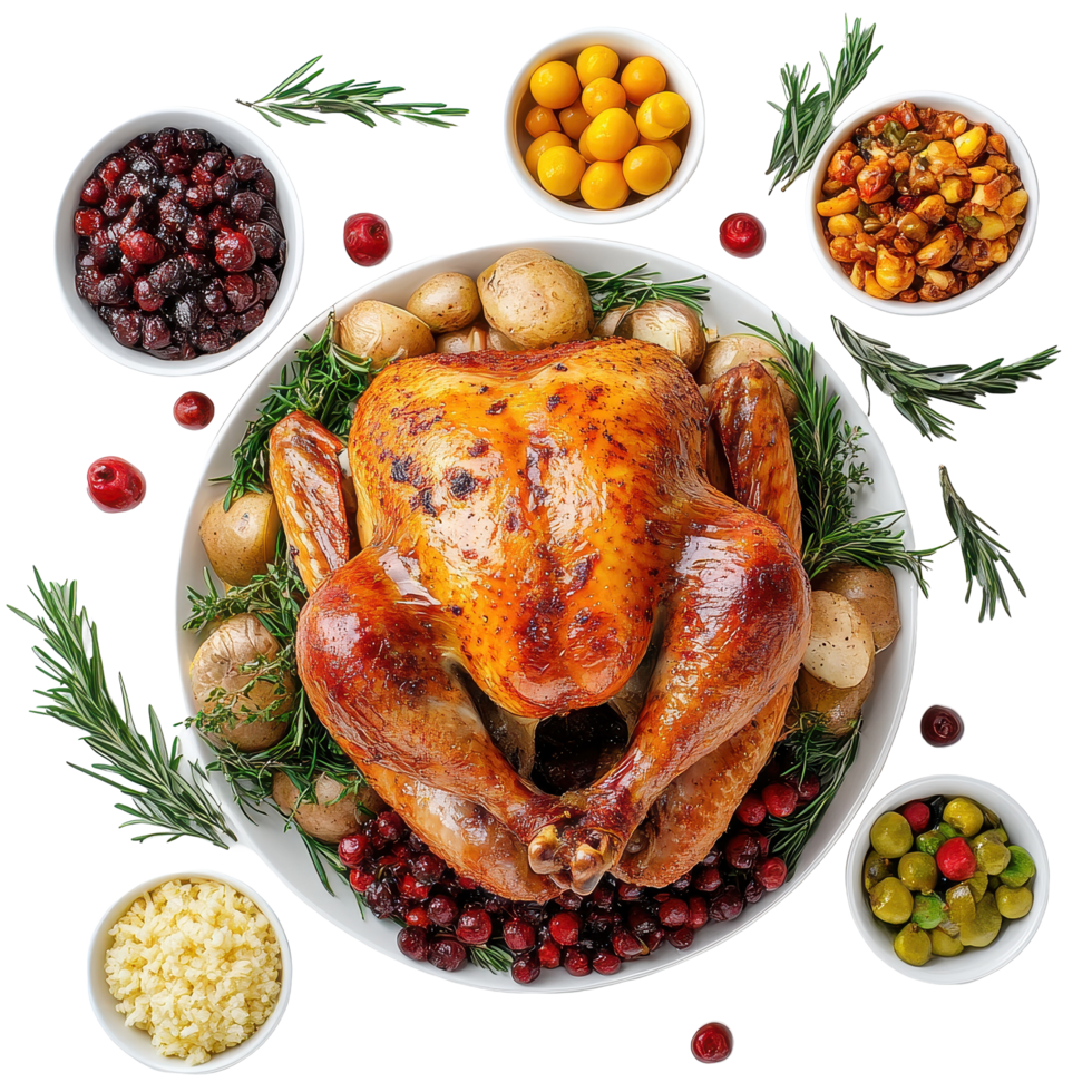 Delicious turkey centerpiece surrounded by assorted seasonal dishes and garnishes for a festive meal, turkey on a plate surrounded by bowls food Transparent background png