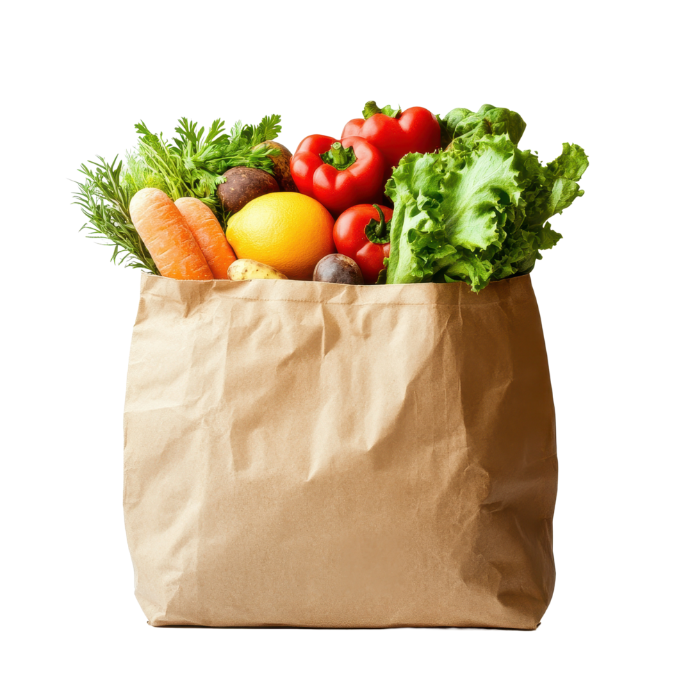 Fresh produce in a brown grocery bag on a white background showcasing colorful vegetables and fruits, Food in brown grocery bag isolated over white background png
