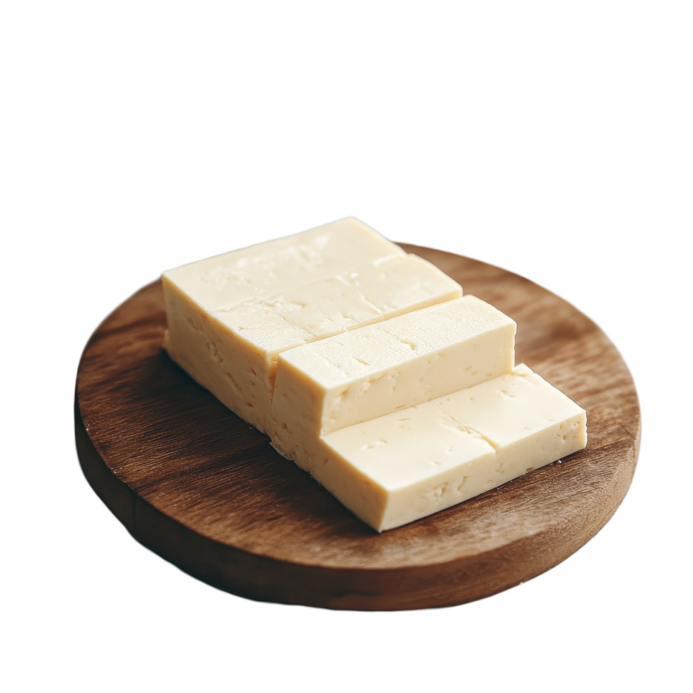 Sliced egg tofu displayed on a wooden board with eggs in background on a white surface, sliced egg tofu on Transparent background png