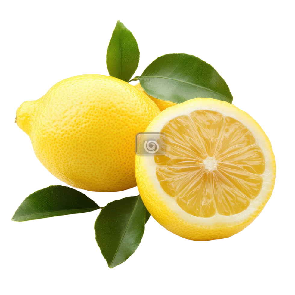 Fresh and juicy lemon fruit with leaves isolated on Transparent background for culinary uses and styling, lemon fruit with leaves isolated, Fresh and Juicy Lemon, isolated on background png