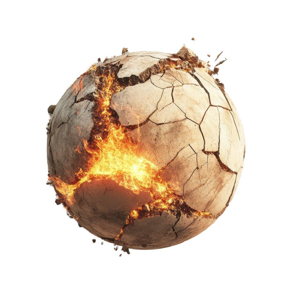 Crumbling earth ball with fiery cracks on a Transparent background reveals a dramatic natural phenomenon, Crumbling earth ball with fire cracks png