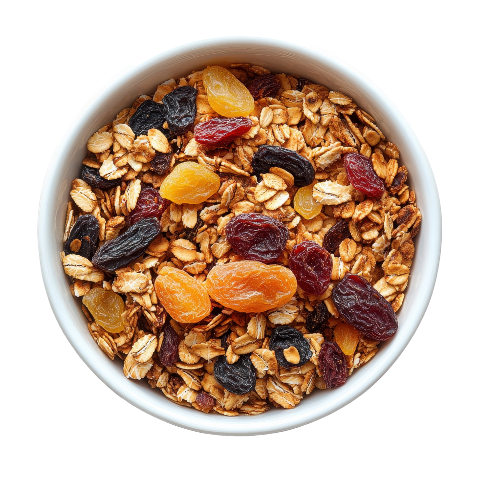 Granola bowl with dried fruits on a white background for healthy snacking and breakfast, Bowl granola and dried fruit png