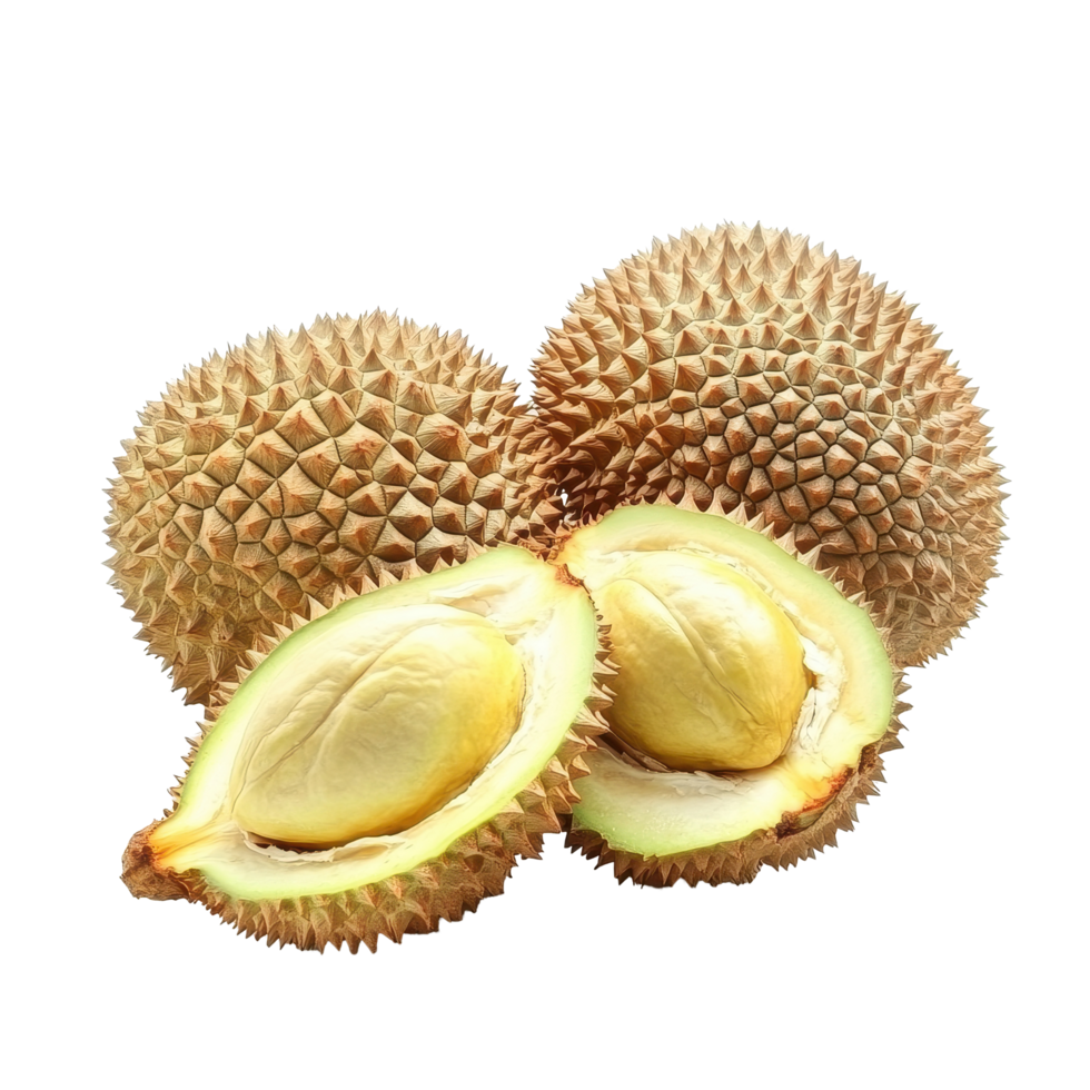 Durian fruit isolated on a Transparent background showcasing its spiky exterior and creamy pulp, Durian fruit isolated on background png