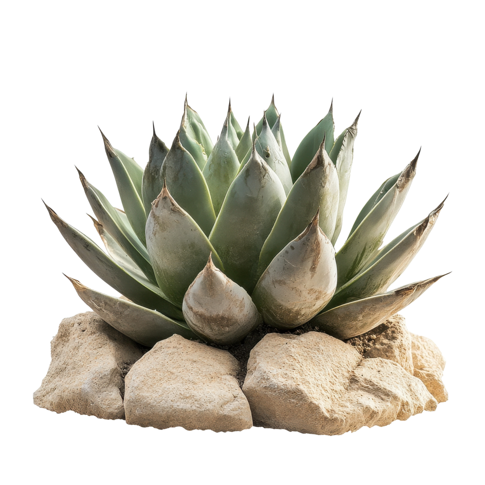Closeup view of agave plant flourishing on dry land in isolated environment under bright sunlight, Closeup view agave plant growing in dry land, isolated on Transparent background png