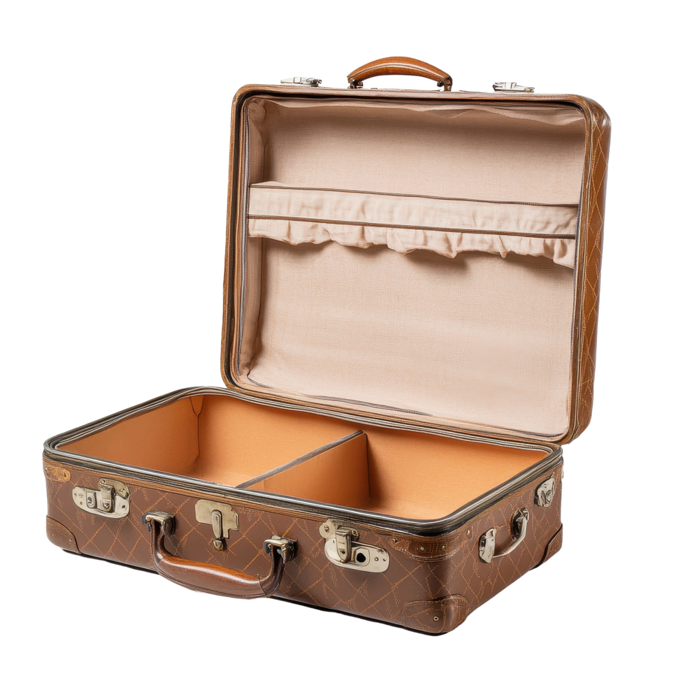 Vintage brown travel suitcase open and empty, perfect for adventure planning or decor, Open brown vintage travel suitcase png