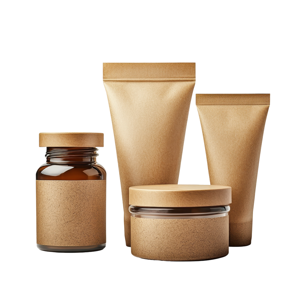 Natural product packaging displayed in a still life arrangement with minimalist design and earthy tones, still life portrait a group product packaging. isolated over white png