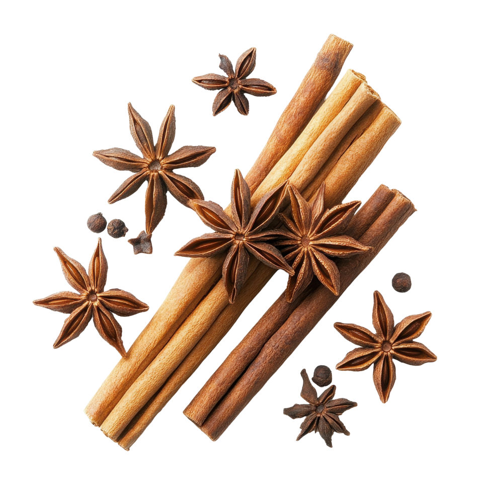 Cinnamon sticks and star anise spice arranged artistically on a white background, Star Anise And Cinnamon Sticks isolated on white background png