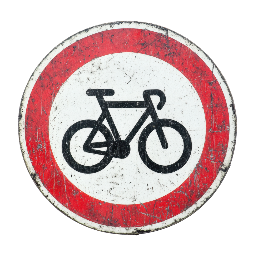 Closeup of a bicycle lane traffic sign showing no bicycles allowed on a worn surface, Closeup image bicycle lane traffic sign isolated on Transparent background png