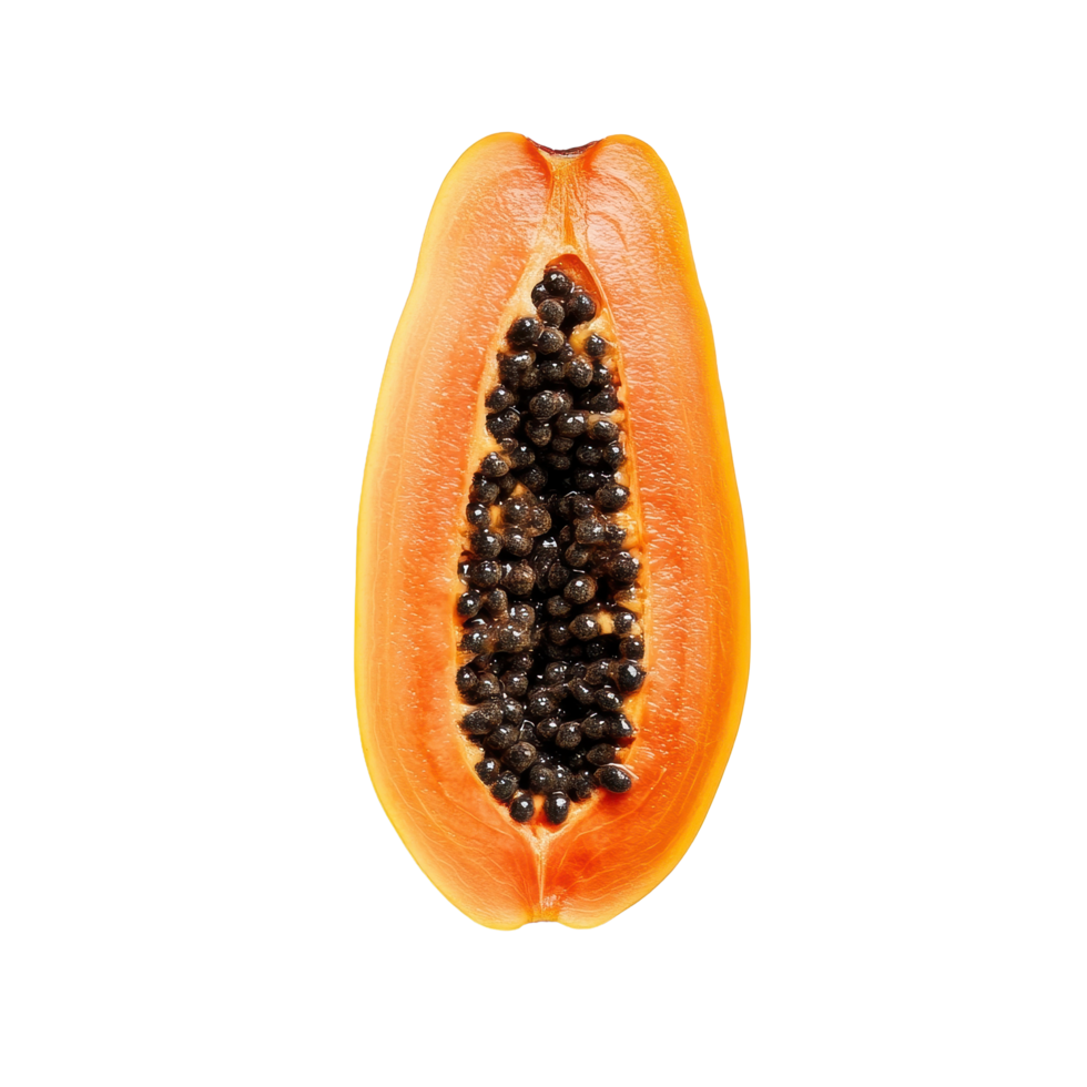 Freshly cut papaya showcasing vibrant orange flesh and black seeds on a clean Transparent background, Papaya isolated isolated on background png